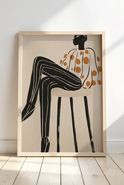 HİGUERA Κομψό Πορτραίτο Σχέδιο Μαύρο Λευκό Κάθετες Ρίγες Πίνακας με Φυσικό Ξύ...