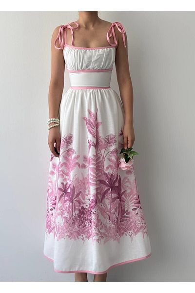 Julidress Pink Patterned Strap Lined Midi Length Premium Linen Dress