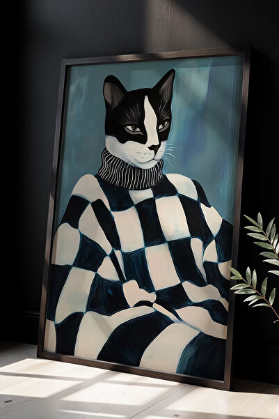 HİGUERA Μοντέρνο τετράγωνο μοτίβο πουλόβερ Γάτα Φυσικό ξύλινο πλαίσιο Ζωγραφι...