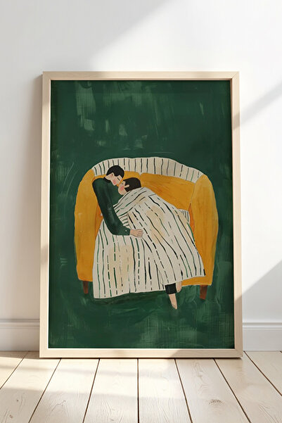 HİGUERA Ζεστή αγκαλιά σε κίτρινο καναπέ Πίνακας με φυσικό ξύλινο σκελετό