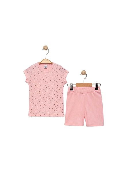 atabay Flower Patterned Shorts Girl's Set Powder