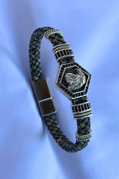 Begondio Genuine Leather Men's Bracelet Made with Eagle Hexagon Zircon Stone ...