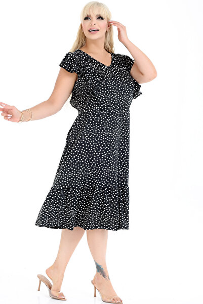 Kheos Polka Dot Patterned Ruffle Detail V-Neck Back Lace-Up Plus Size Dress