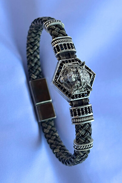 Begondio Genuine Leather Men's Bracelet Made with Wolf Hexagon Zircon Stone H...