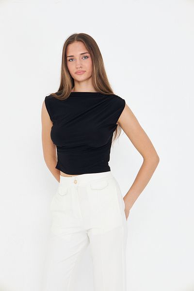 let s shine Women's Sandy Fabric Cross Drawstring Sleeveless Blouse