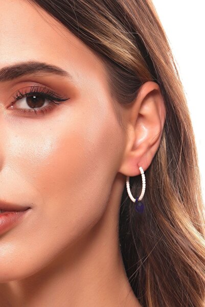 LABALABA Kadın Mavi Cam Boncuk Detaylı Beyaz Kum Boncuk Geçirmeli Model Halka Küpe