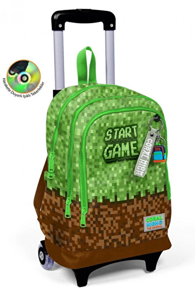 Coral High Kids Green Brown High Craft Patterned Three Compartment School Bac...