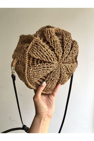 Gözde Tasarım Butik Women's Design Natural Handmade Mussel Shell Motif Knitted Round Wicker Bag
