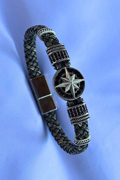 Begondio Genuine Leather Men's Bracelet Made with Compass Zircon Stone Round ...