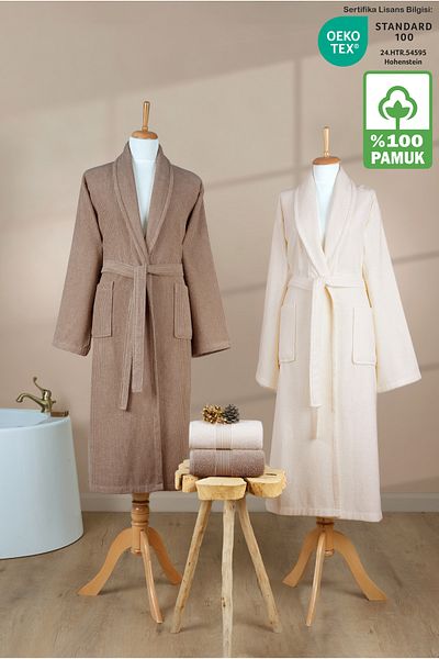 Ellaline Σετ μπουρνούζι 4 τεμαχίων ριγέ 100% βαμβάκι Πιστοποιημένο οικογενειακό σετ μπουρνούζι πετσέτας Σετ προίκας καφέ κρέμα