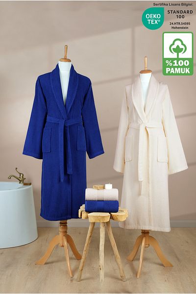 Ellaline Σετ μπουρνούζι 4 τεμαχίων ριγέ 100% βαμβάκι Πιστοποιημένο οικογενειακό σετ μπουρνούζι πετσετών Σετ προίκας Navy Blue Cream
