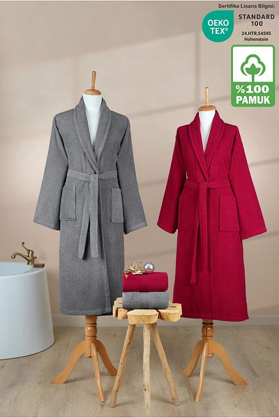 Ellaline 4 Piece Striped Bathrobe Set 100% Cotton Certified Family Towel Bathrobe Set Dowry Set Gray - Claret Red