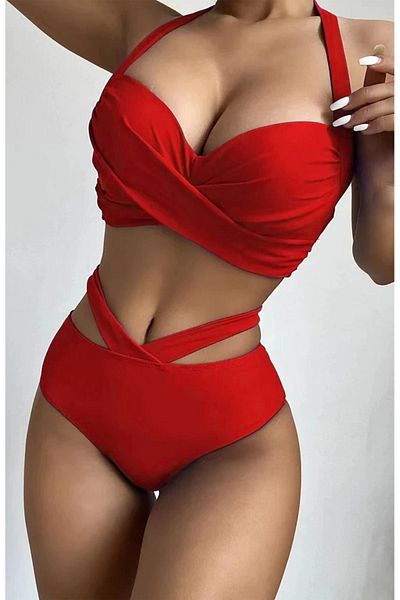 EZRA Bikini Suit Special Design Covered Wire Underwire Supported Cross Red Bikini Suit