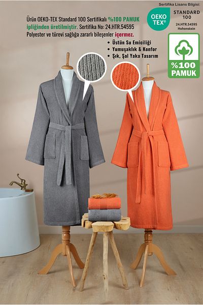 Ellaline Σετ μπουρνούζι 4 τεμαχίων ριγέ 100% βαμβάκι Πιστοποιημένο οικογενειακό σετ μπουρνούζι με πετσέτες Σετ προίκας Γκρι - Πορτοκαλί