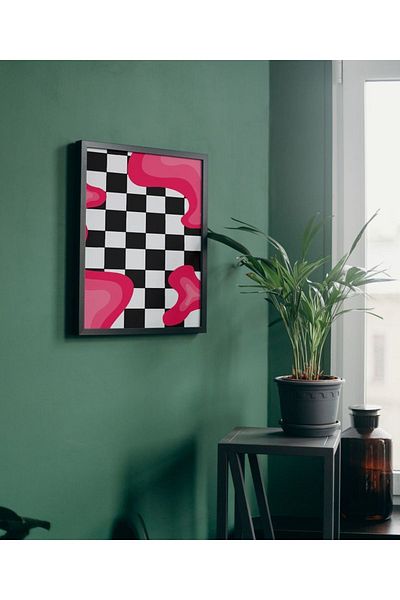 Arthopia Ροζ λεοπάρ μαύρο λευκό καρό μοτίβο Pinterest δώρο αφίσα με κορνίζα καλλιτεχνικό σχέδιο ζωγραφική
