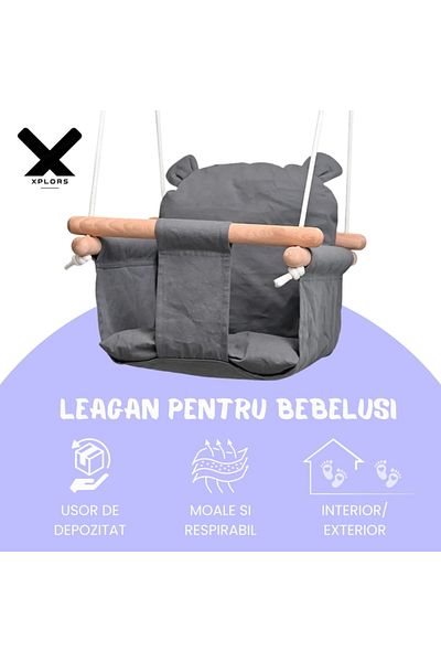 XPLORS Leagan Copii Si Bebelusi ®, Lemn , Interior/exterior, Bumbac, Centura, Ajustabil, Gri