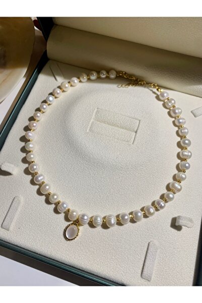 JOVİ ATELİER Sertifikalı Gerçek Doğal Beyaz Dorika Detaylı Inci Kolye 40 Cm 7...