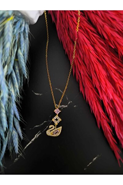 DİAPANTE Altın Renk Kuğu Figürlü Zirkon Taşlı Kadın Kolye Zarif Şık Trend Tas...