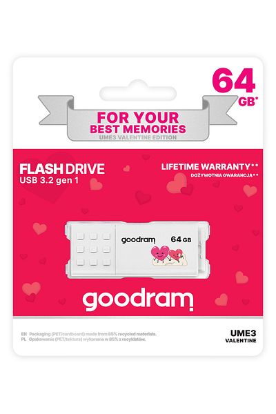 Goodram 64Gb USB Memory 3.2 Gen 1, 60Mb/S Read Speed, 20Mb/S Write Speed, Ume3 Valentine Ume3-0640W0R11-V
