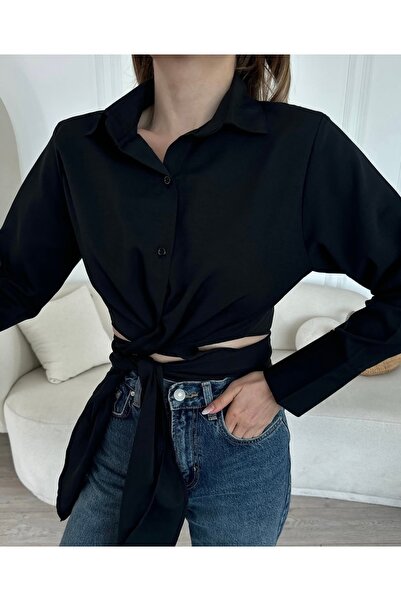 Butik Poplin kumaş belden bağlama detaylı gömlek