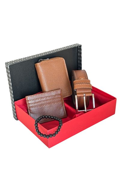 Tisaati Premium Series Special Boxed Luxury Leather Vertical Zipper Wallet Belt Card Holder and Bracelet Men's Set