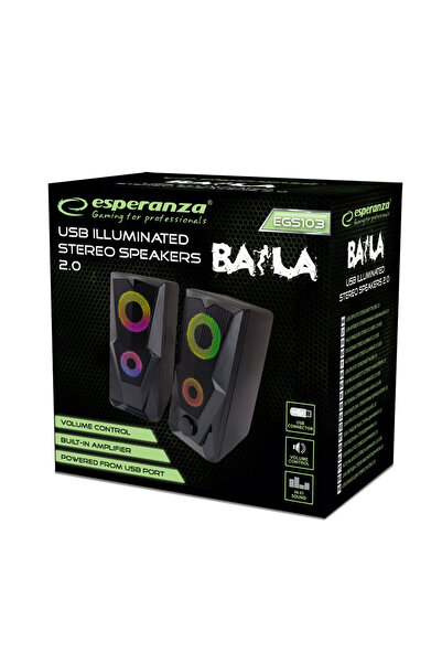 ESPERANZA 6W USB 2.0 speakers with RGB LED, Rainbow BAILA, 120 cm cable, volume control, black