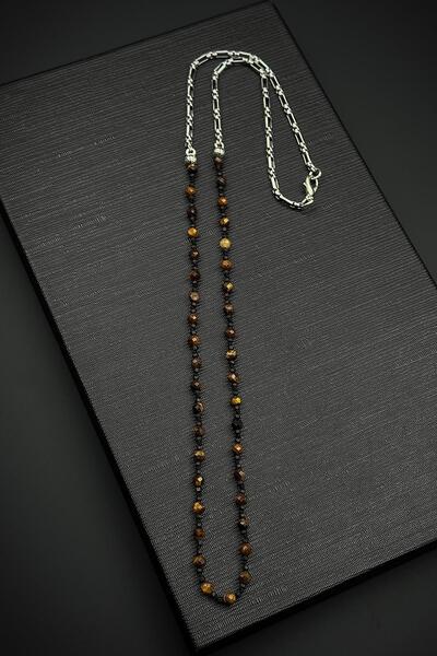 FRNCH 316L Çelik ve Kaplan Gözü Doğal Taşlı Kahverengi Erkek Kolye FRJ30860-9...