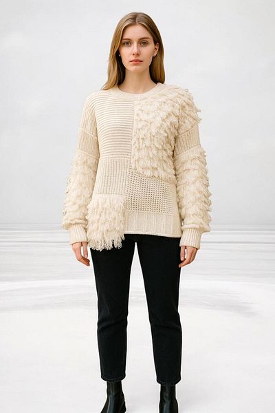 NEWCO Pulover de tricotaj texturat pentru femei cu design mozaic de culoare ecru - formă supradimensionată și confortabilă