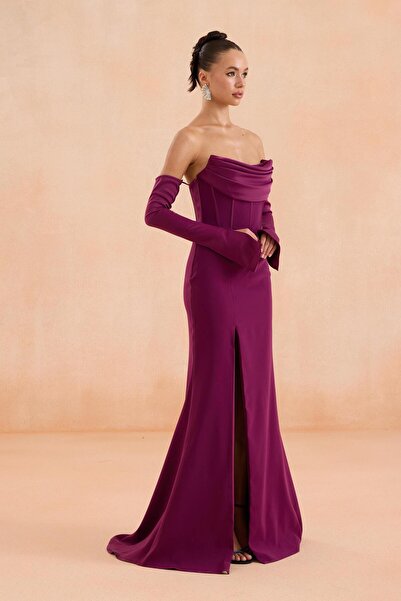 Carmen Plum Gloves Slit Crepe Evening Dress