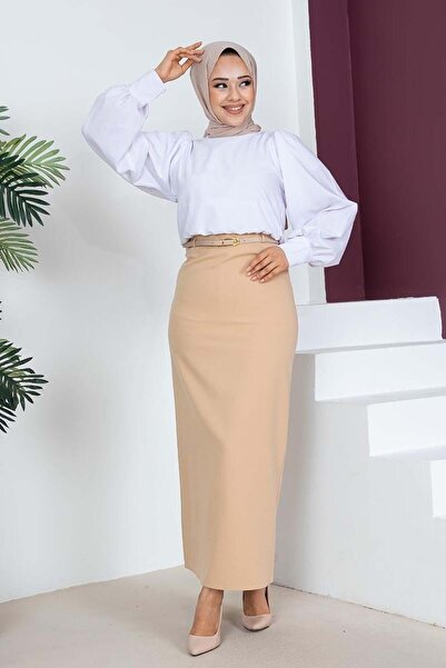 NRS Γυναικεία Φούστα Μολύβι με Ζώνη Μπεζ