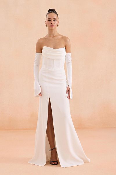 Carmen Slit Crepe Wedding Dress with White Gloves