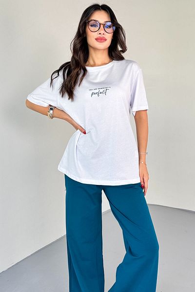 Cappmoda Tkm-0067 Petrol Blue Perfect Written Injection Printed T-Shirt Loose Trousers Double Set