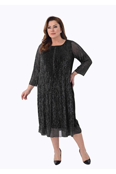 LİLAS XXL 2525 Büyük Beden Jakarlı Pliseli Taş Detay Midiboy Elbise