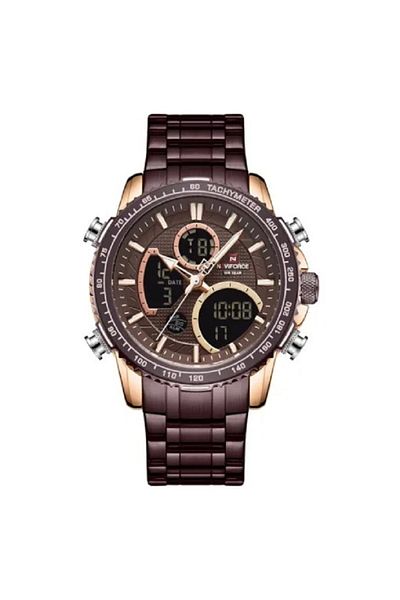 Naviforce Mens Dual Display Chronograph Watch Coffee Rose Gold Stainless Steel Band Analog Digital Quartz