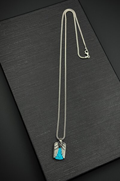 FRNCH 925 Ayar Gümüş ve Firuze Doğal Taşlı Turkuaz Renk Erkek Kolye FRJ30856-...