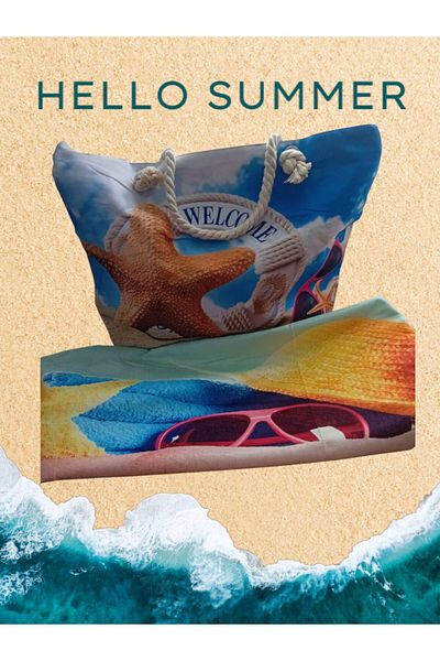 OEM Set Geanta de Plaja Steluta de Mare 55×38 cm + Prosop de Plaja 140×70 cm, Model Marin, Albastru