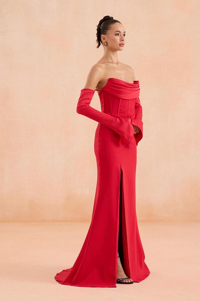 Carmen Βραδινό φόρεμα κρεπ με κόκκινο γάντι