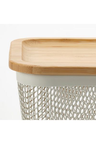 IKEA Food storage basket with lid, square metal/white bamboo, 15x15x11 cm