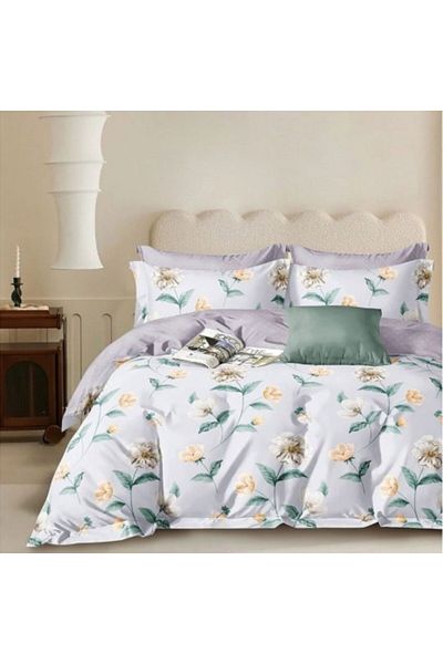 Pucioasa Lenjerie de pat 1 persoana percale gri cu flori, bumbac 100%, cearceaf pilota 150x220cm