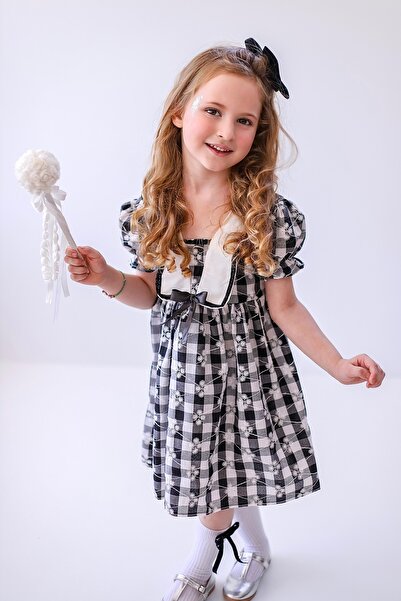 BİHAYALBİÇOCUK Arkadan Bağlamalı Siyah Ekoseli Papatyalı Elbise