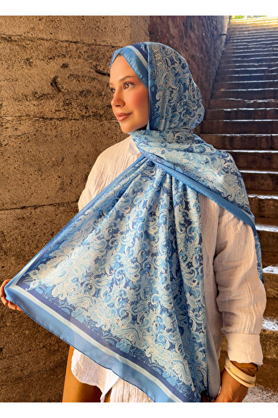 Mira İpek Retro Desenli Pamuk Şal Serisi Mavi ps47