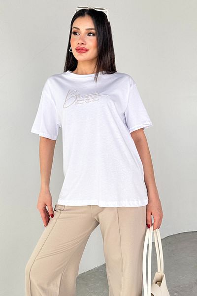Cappmoda Tkm-0065 Stone Color Touch the Soul Written Injection Printed T-Shirt Loose Pants Two-Piece Set