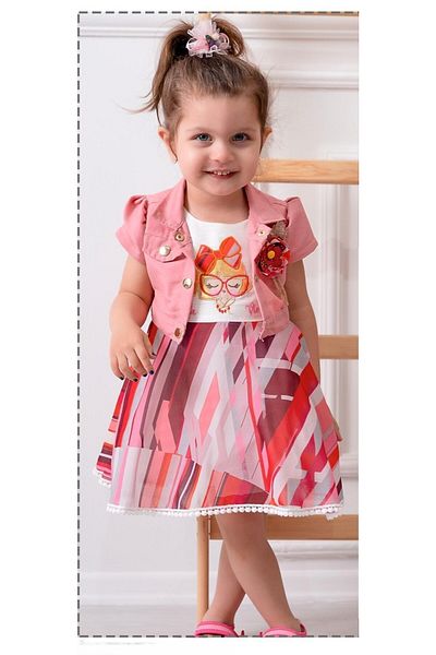 Bulut Baby 2 Piece Jacketed Dress in Denim Cotton Chiffon Fabric for Girls