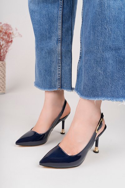 İA İLERİADIM Navy Blue Patent Leather Women's Heeled Shoes Engagement, Promise, Evening Shoes, Evening Dress Heel (9 cm)