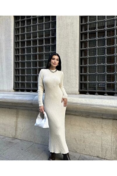 ELLA Crew Neck Ribbed Long Dress - White