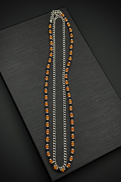 FRNCH 316L Çelik Onyx ve Doğal Taşlı Turuncu Renk Erkek Kolye FRJ30901-1001-K