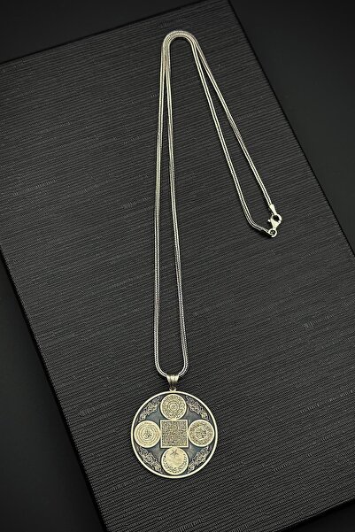 FRNCH 925 Ayar Gümüş Koruma Sureleri İşlemeli Gümüş Renk Erkek Kolye FRJ30872...