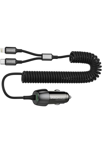 Promate Car Charger with Cable, Universal 33W Power DC Charger with Built-In 3-in-1 Splitter USB-C,