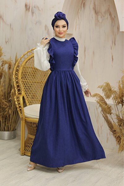 VELLARS TESETTÜR KADIN SAKSI MAVİ JİLE ELBİSE VOLANLI KOL