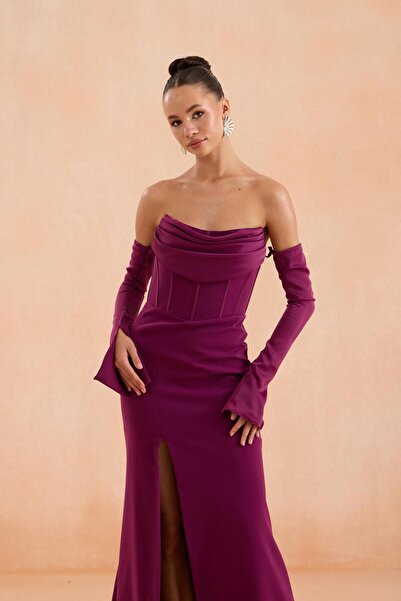 Carmen Plum Gloves Slit Crepe Evening Dress